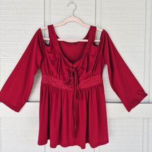 Chic Red Lace-Up Women's Cold Shoulder L/S Blouse XL Whimsygoth Milkmaid Grunge